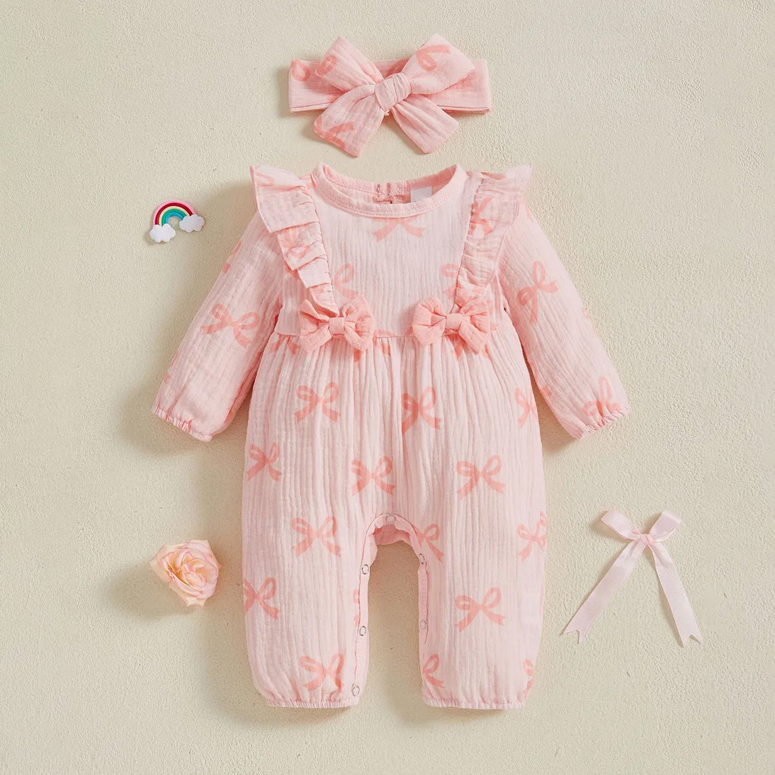 2PCS Sweet Baby Girl Bow Print Ruffle Long Sleeve Jumpsuit