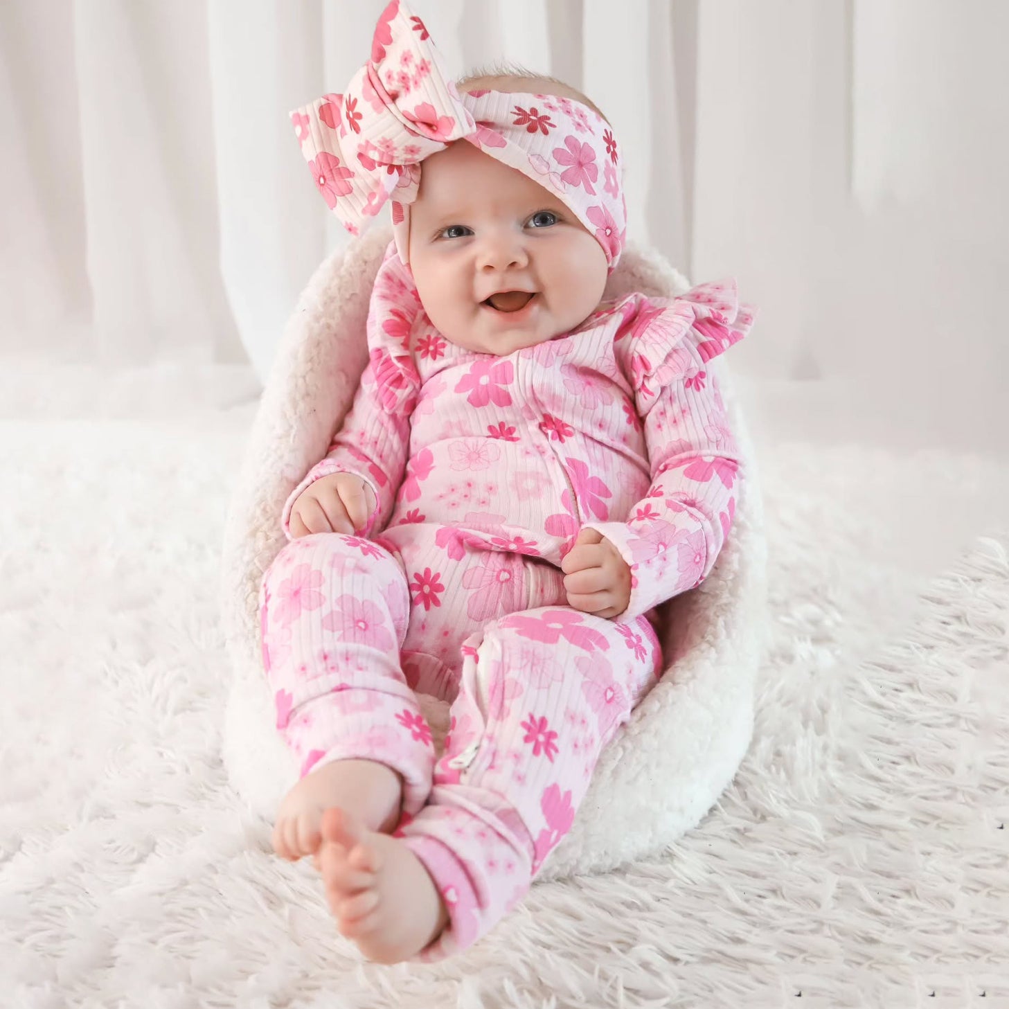 2PCS Allover Floral Printed Ruffle Zipper Baby Jumpsuit