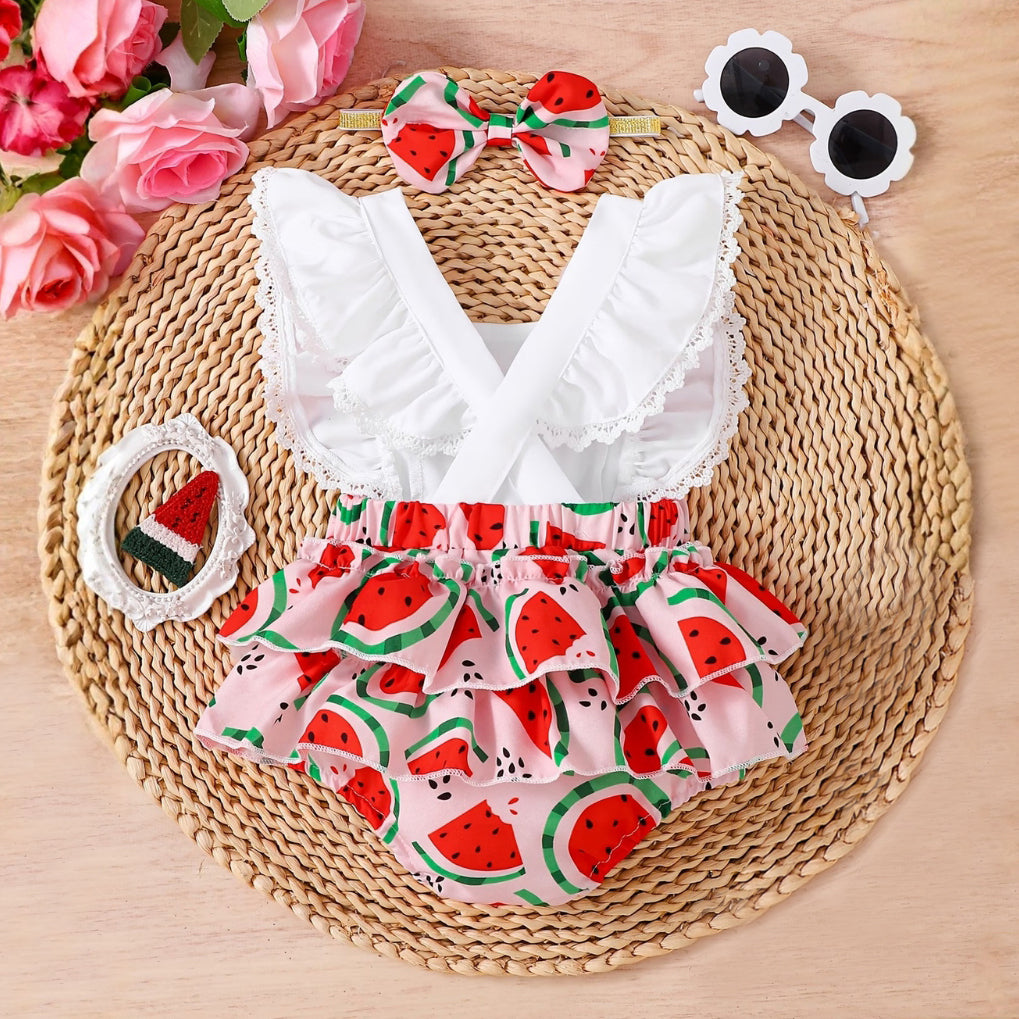 2PCS Sweet One Letter Watermelon Print Sleeveless  Baby Romper