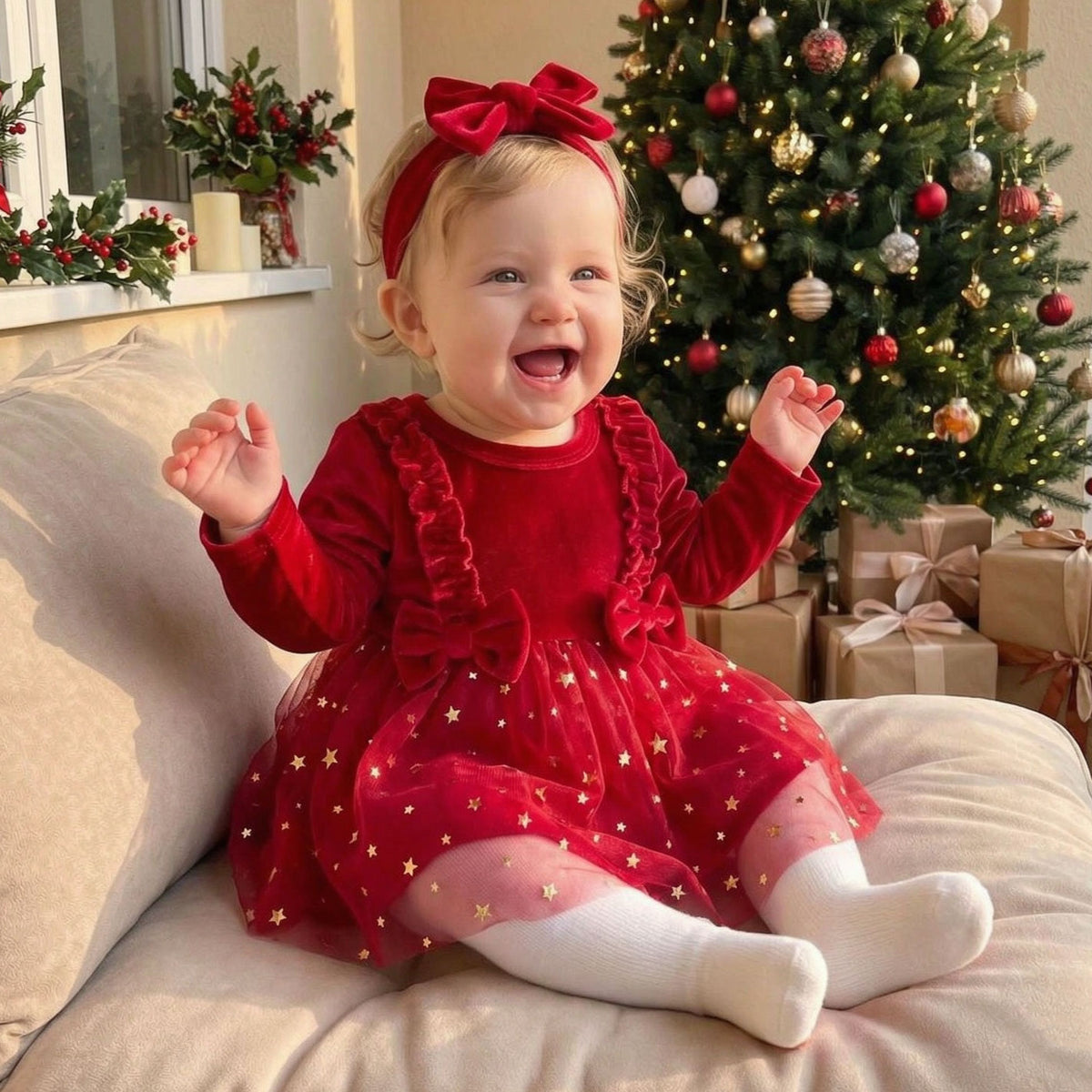 2PCS Christmas Star Printed Long Sleeve Velvet Baby Dress