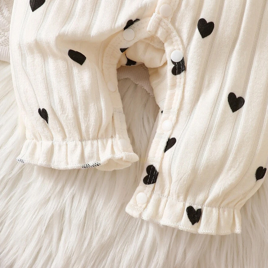 Elegant Heart Print Lace Trim Long Sleeve Baby Girl Jumpsuit