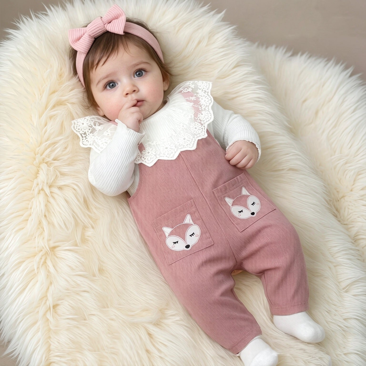 2PCS Sweet Fox Print Long Sleeve Baby Overalls Set