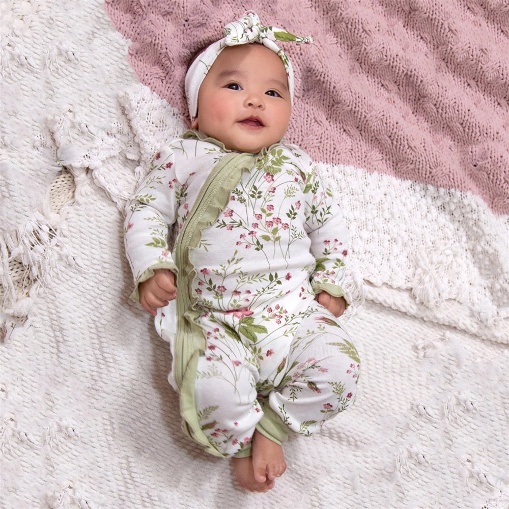 2PCS Stylish Floral Print Long Sleeve Zipper Baby Jumpsuit