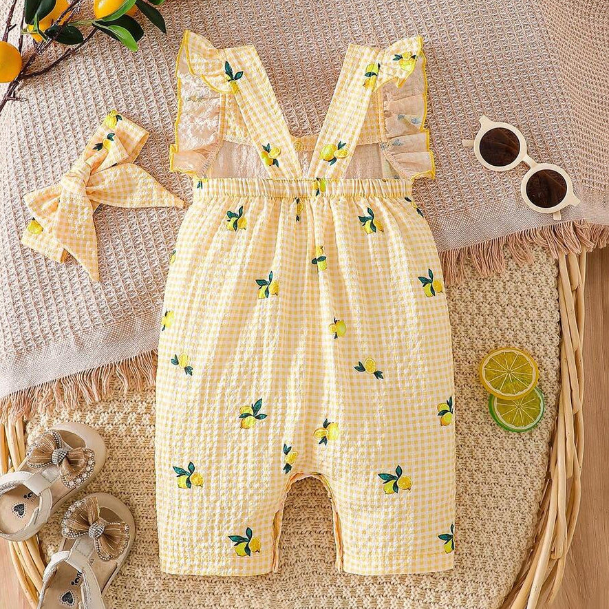 2PCS Fresh Lemon & Plaid Print Flutter Sleeve Baby Jumpsuit