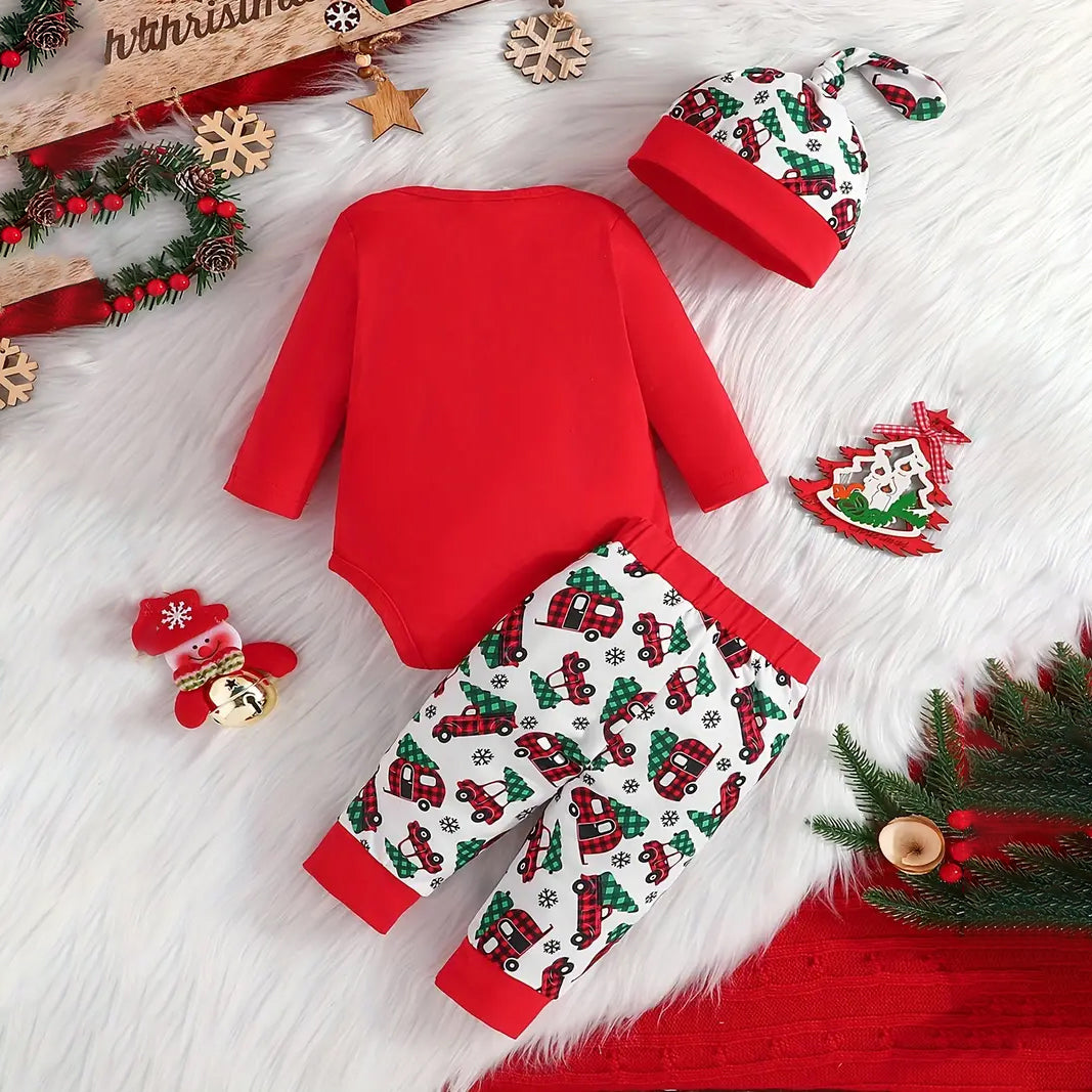 3PCS Merry Christmas Letter Printed Long Sleeve Baby Set