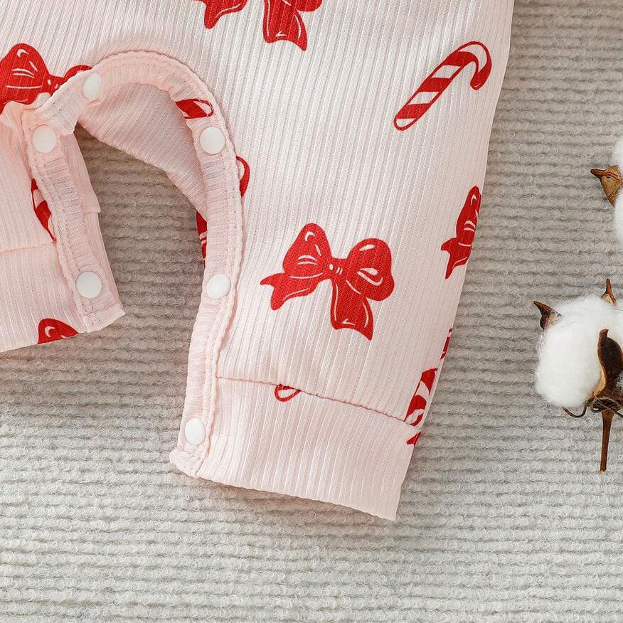 2PCS Lovely Christmas Bow Candy Cane Printed Baby Jumpsuit
