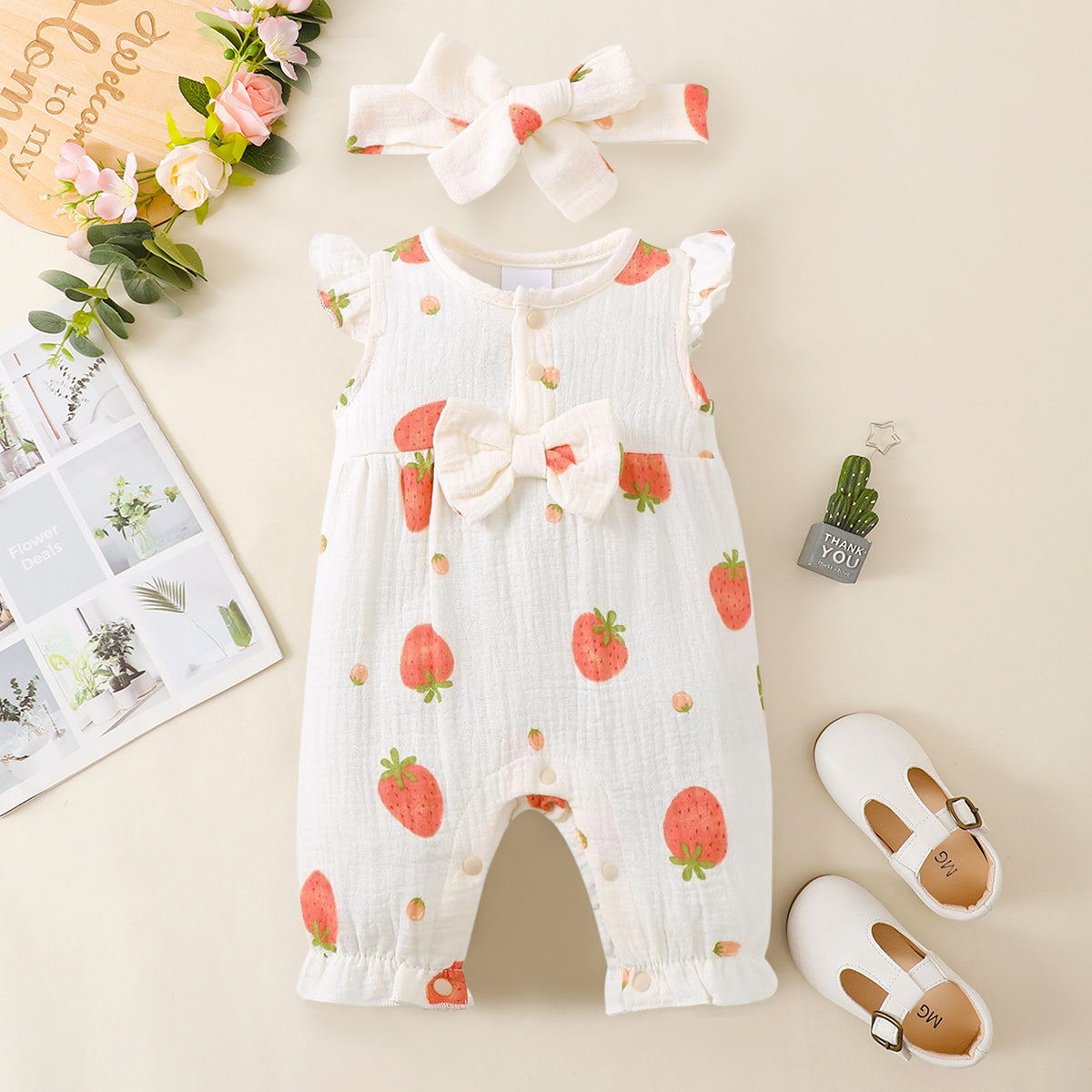 2PCS Sweet Strawberry Printed Sleeveless Baby Jumpsuit