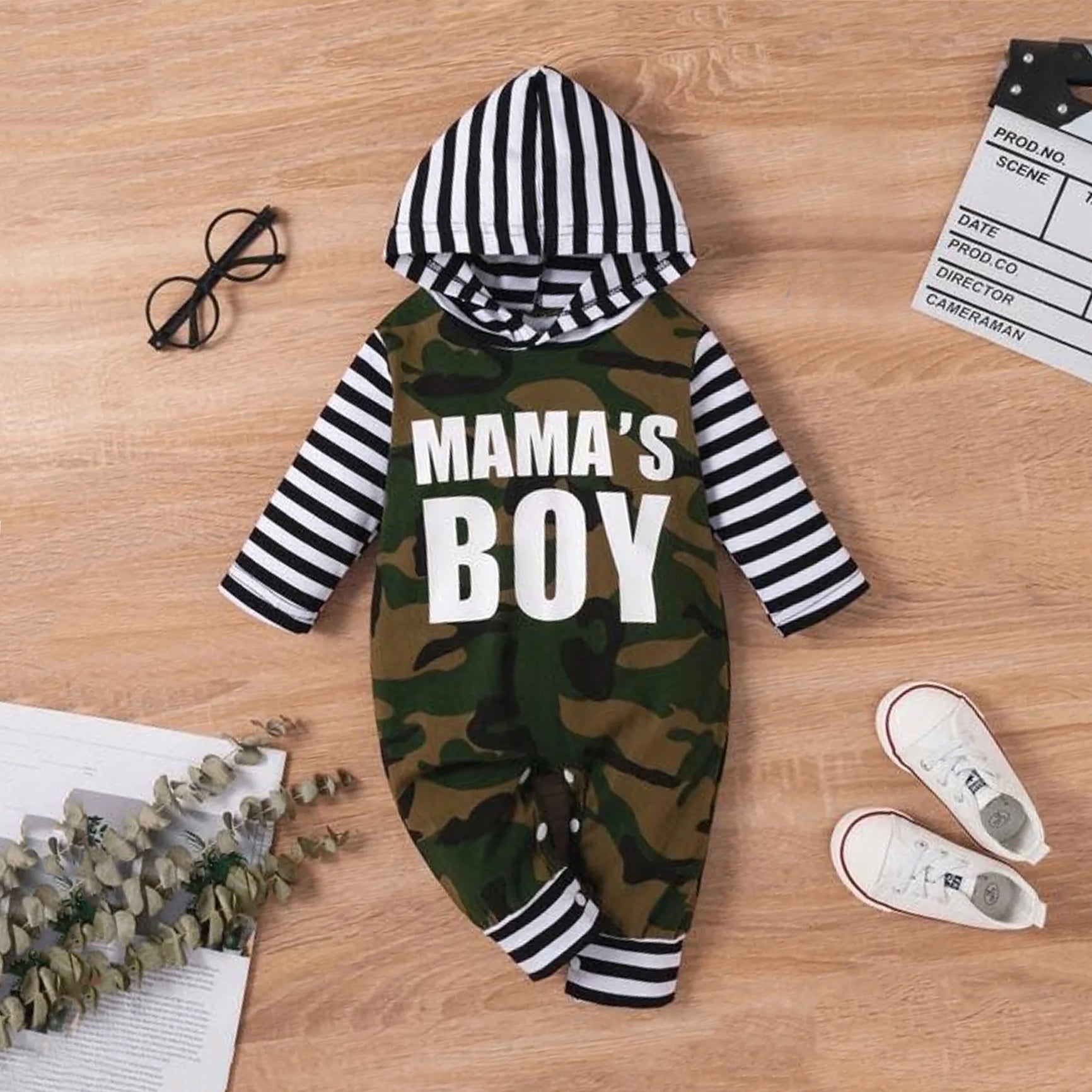 Comfy Mama's Boy Letter Camouflage Stripe Printed Hoodie Baby Jumpsuit