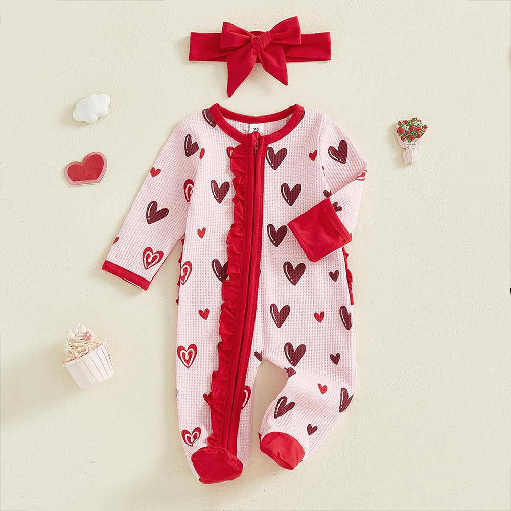 2PCS Timeless Heart Print Long Sleeve Zipper Baby Jumpsuit
