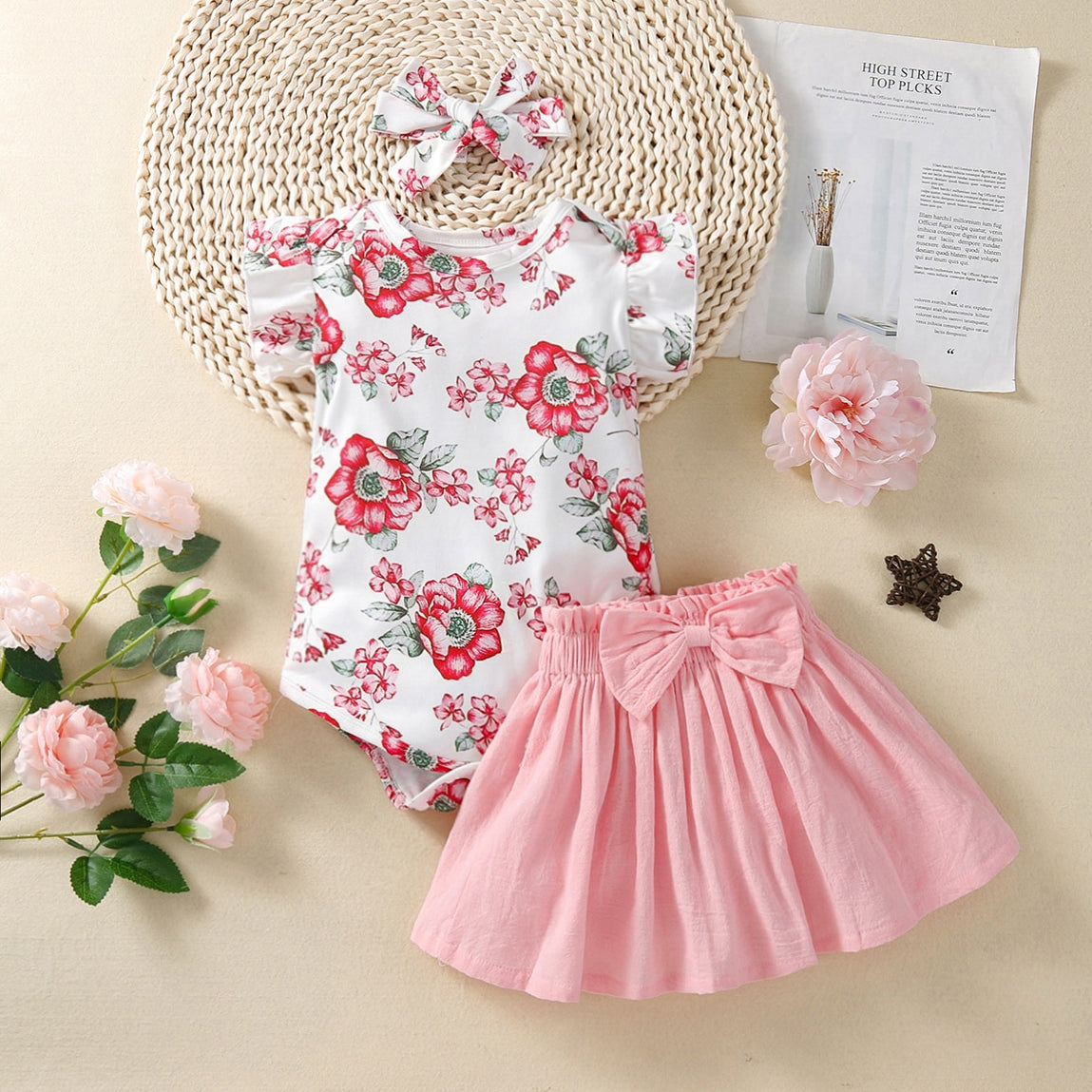 3PCS Pretty Floral Print Bow Flutter Sleeve Baby Girl Set