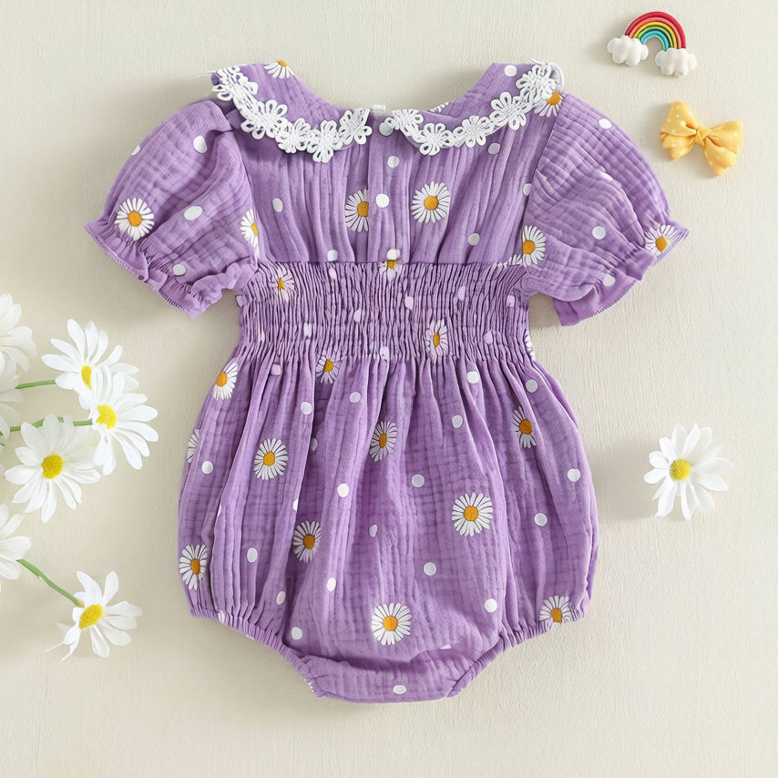 Dreamy Daisy Printed Eyelet Lace Short Sleeve Baby Romper