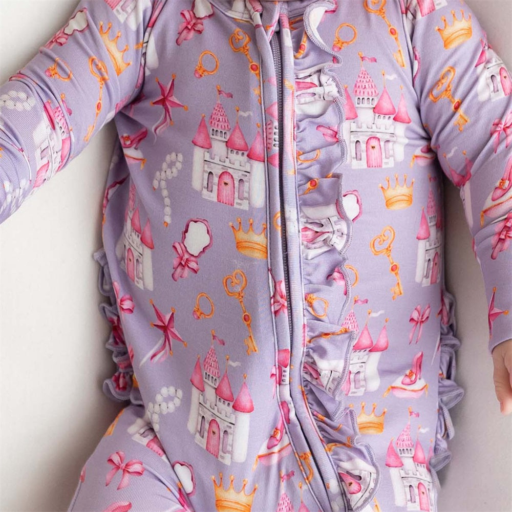 2PCS Dreamy Castle Print Frill Long Sleeve Baby Jumpsuit