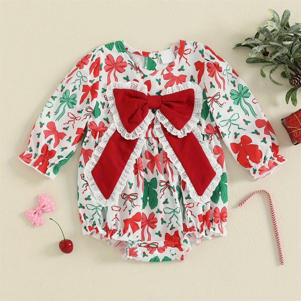 Christmas Bow Print Long Sleeve Baby Girl Romper