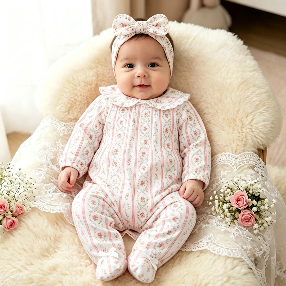 2PCS Sweet Ditsy Floral and Striped Print Long Sleeve Baby Jumpsuit