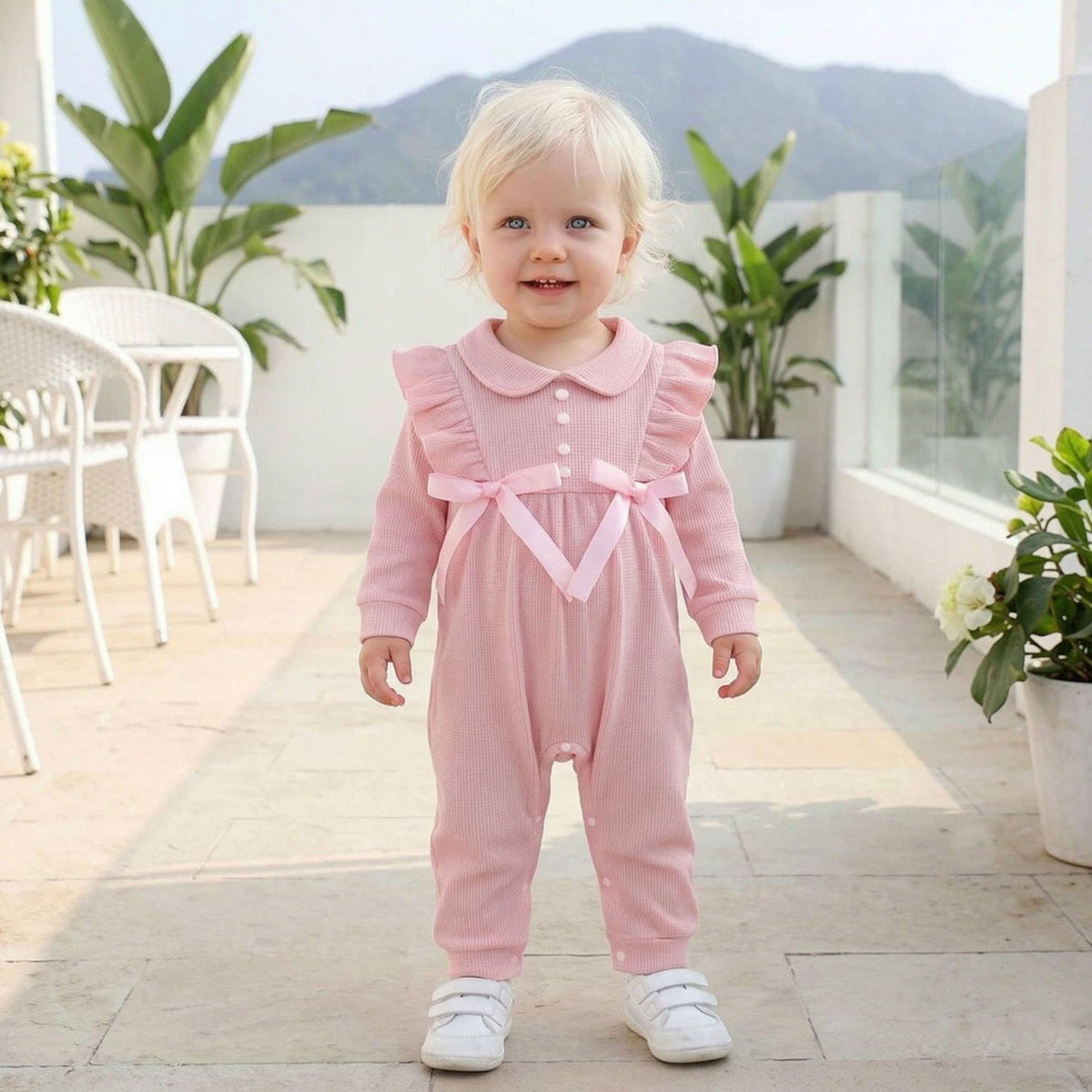 Sweet Solid Color Long Sleeve Bowknot Baby Girl Jumpsuit