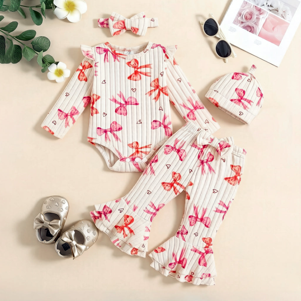 4PCS Allover Lovely Bow Printed Baby Set
