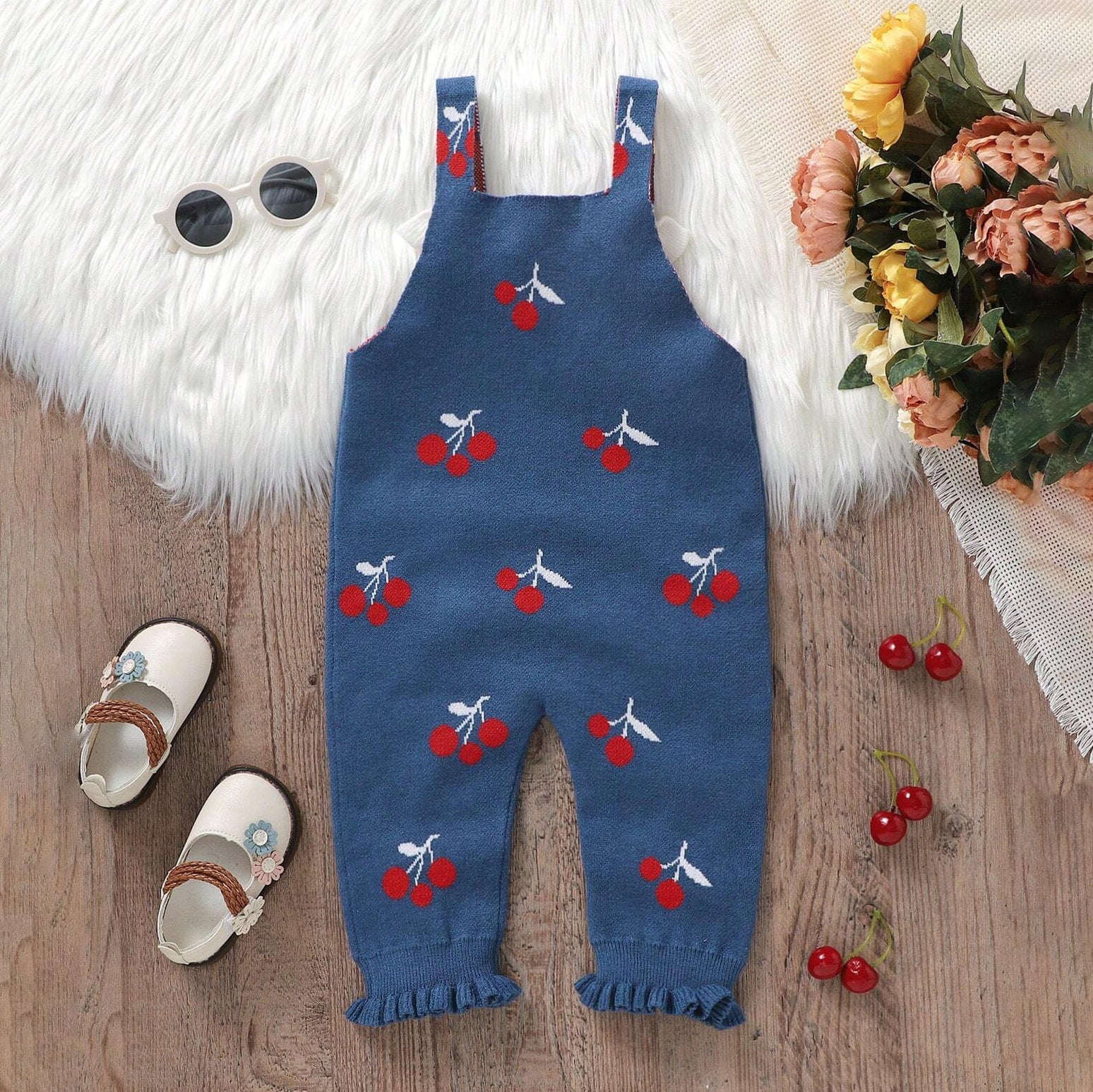 2PCS Lovely Cherry Printed Knit Long Sleeve Baby Overalls Set