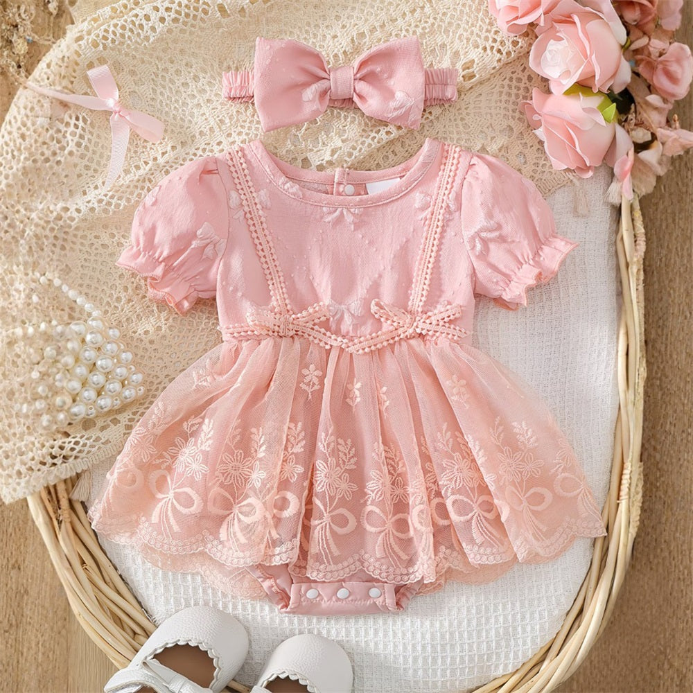 2PCS Summer Cute Bow Embroidery Tulle Skirt Baby Romper