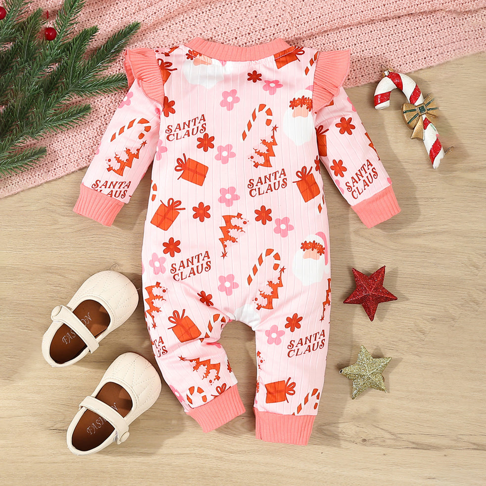 Pretty Santa Claus Letter Christmas Printed Long Sleeve Baby Jumpsuit