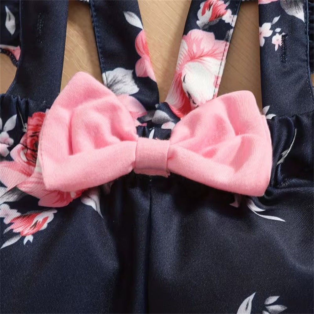 3PCS Floral Print Bow Decorate Long Sleeve Baby Overalls Set