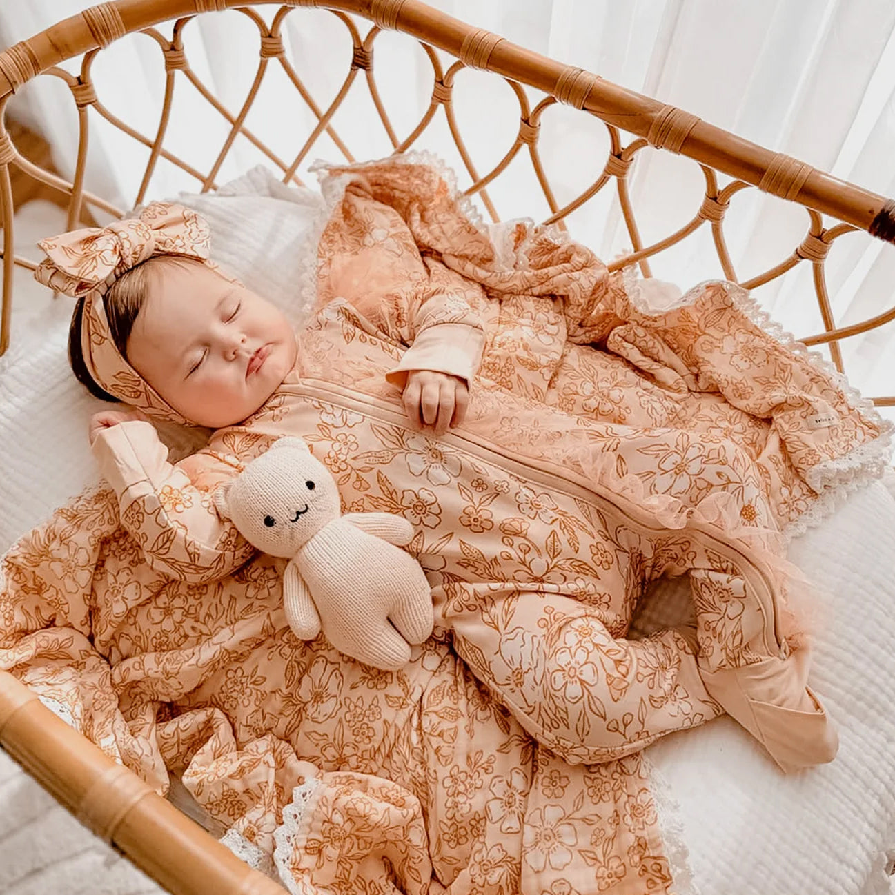 2PCS Allover Adorable Floral Print Zipper Mesh Baby Jumpsuit
