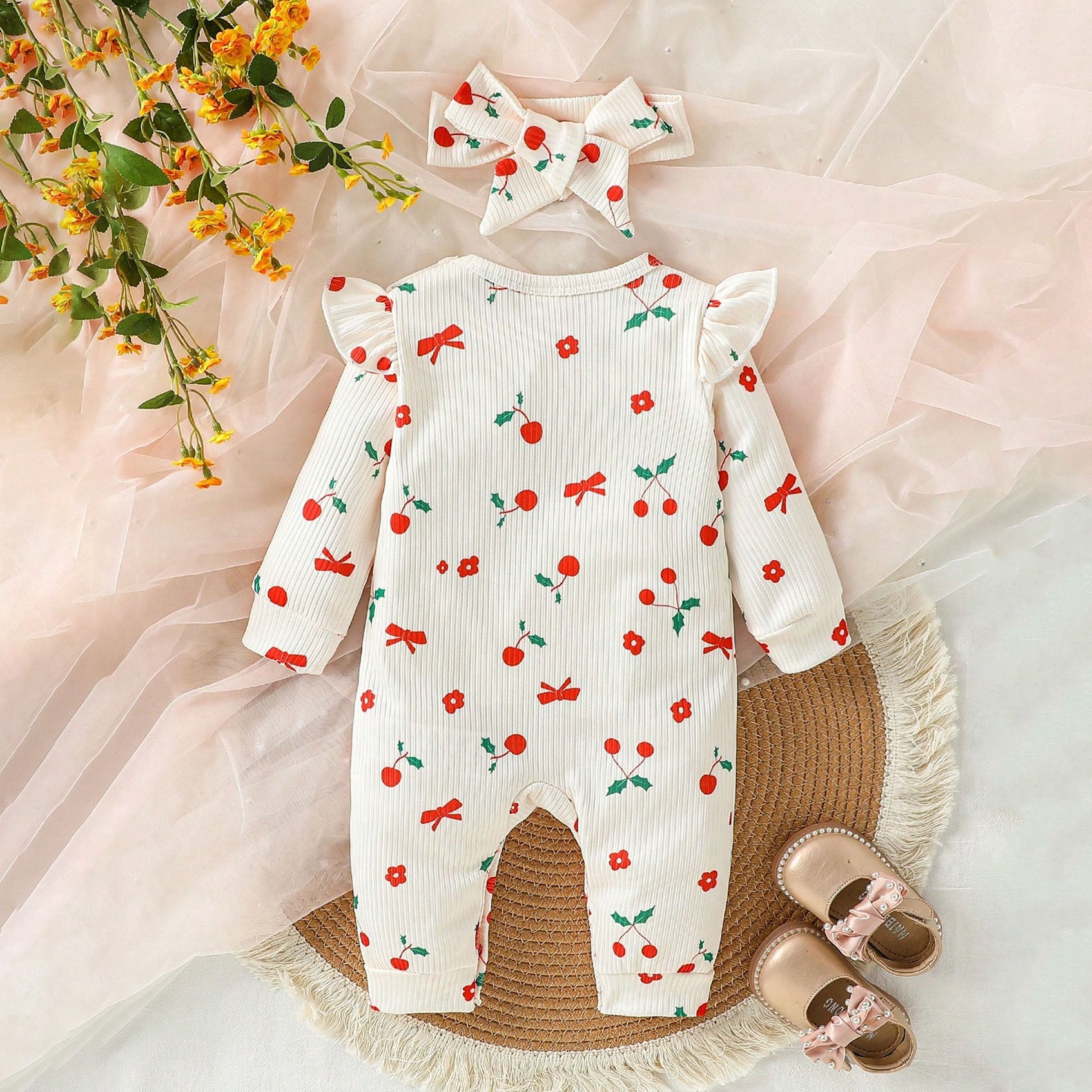 2PCS Cherry Print Long Sleeve Baby Girl Jumpsuit