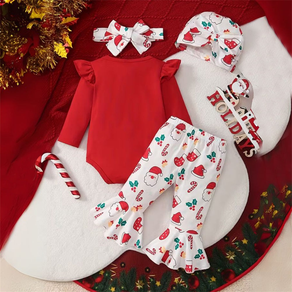 4PCS My 1st Christmas Letter Santa Claus Print Long Sleeve Baby Set