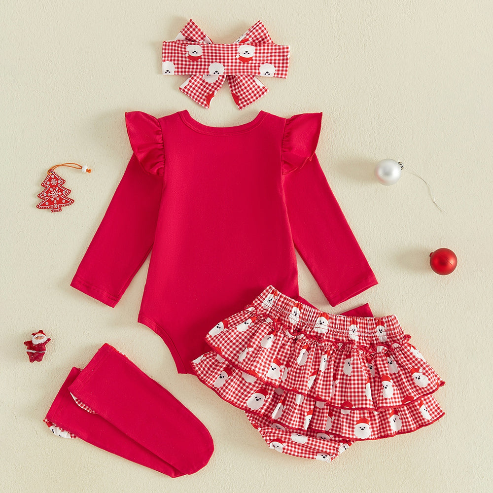 4 PCS Pretty My First Christmas Letter Santa Plaid Print Baby Set