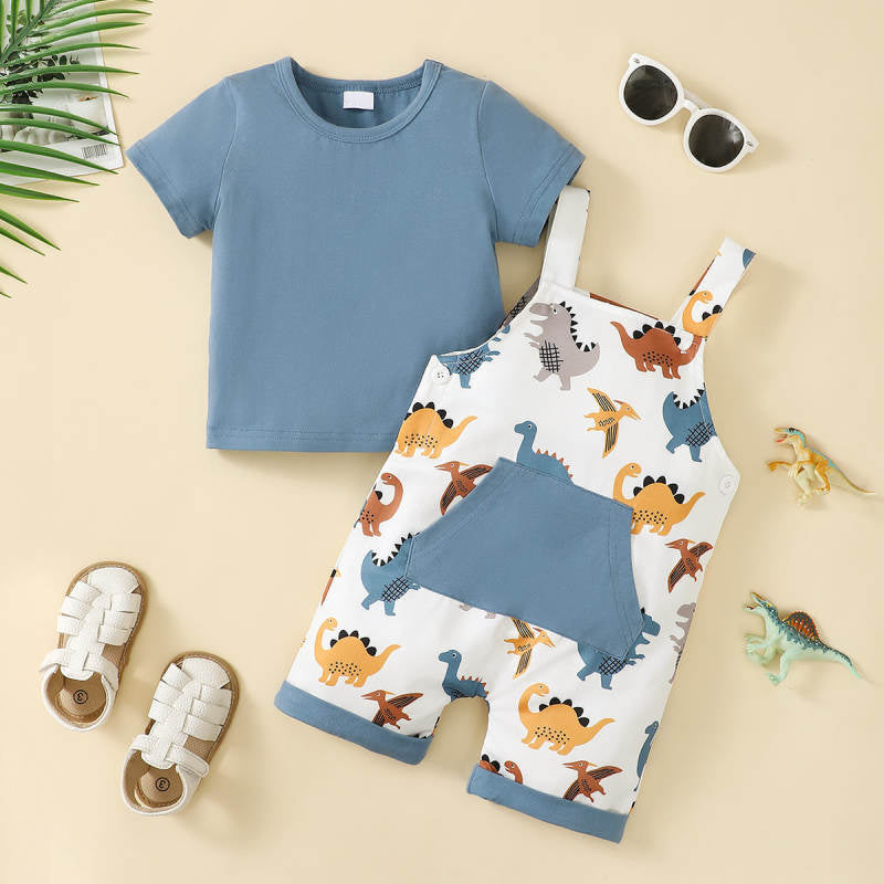 2PCS Solid Color Top Dinosaur Printed Overalls Baby Set