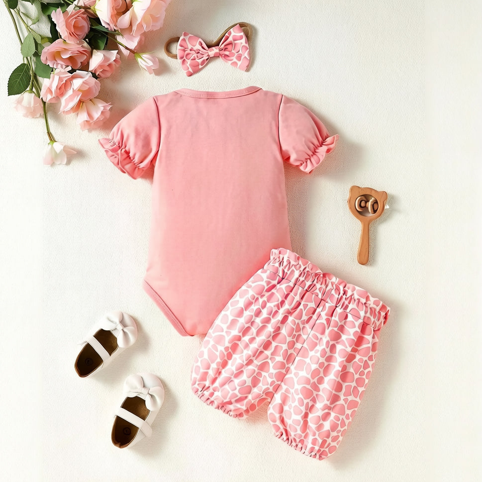 3PCS Cute Giraffe Leopard Printed Short Sleeve Baby Set