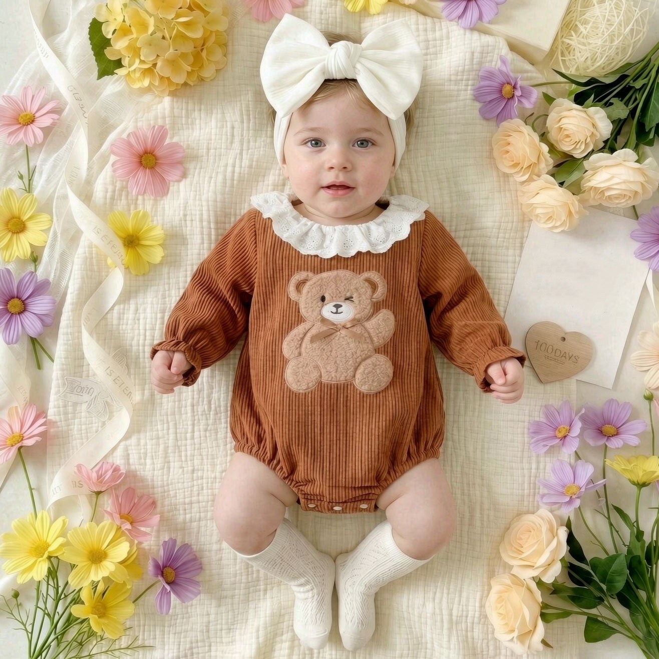 Lovely Bear Appliqué Long Sleeve Baby Romper