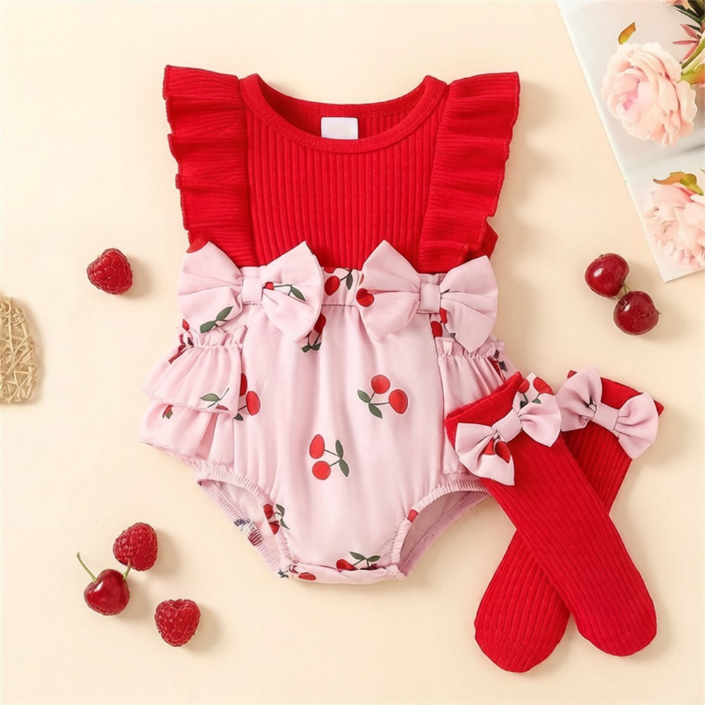 2PCS Cute Cherry Printed Ruffled Sleeveless Baby Romper