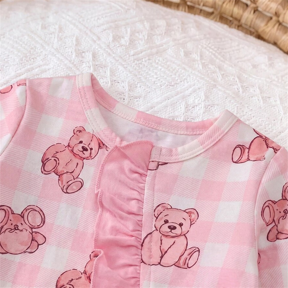 2PCS Lovely Bear Plaid Print Ruffle Zipper Baby Jumpsuit