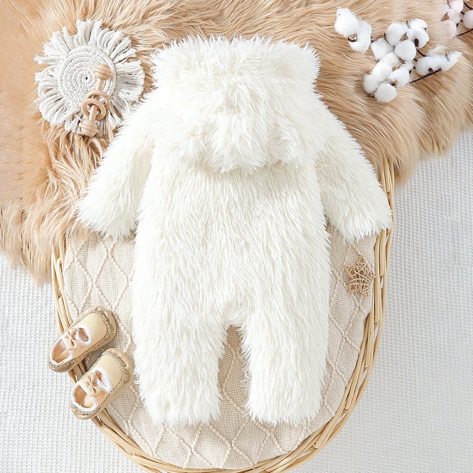 Cute 3D Ear Furry Solid Color Hooded Zipper Baby Jumpsuit