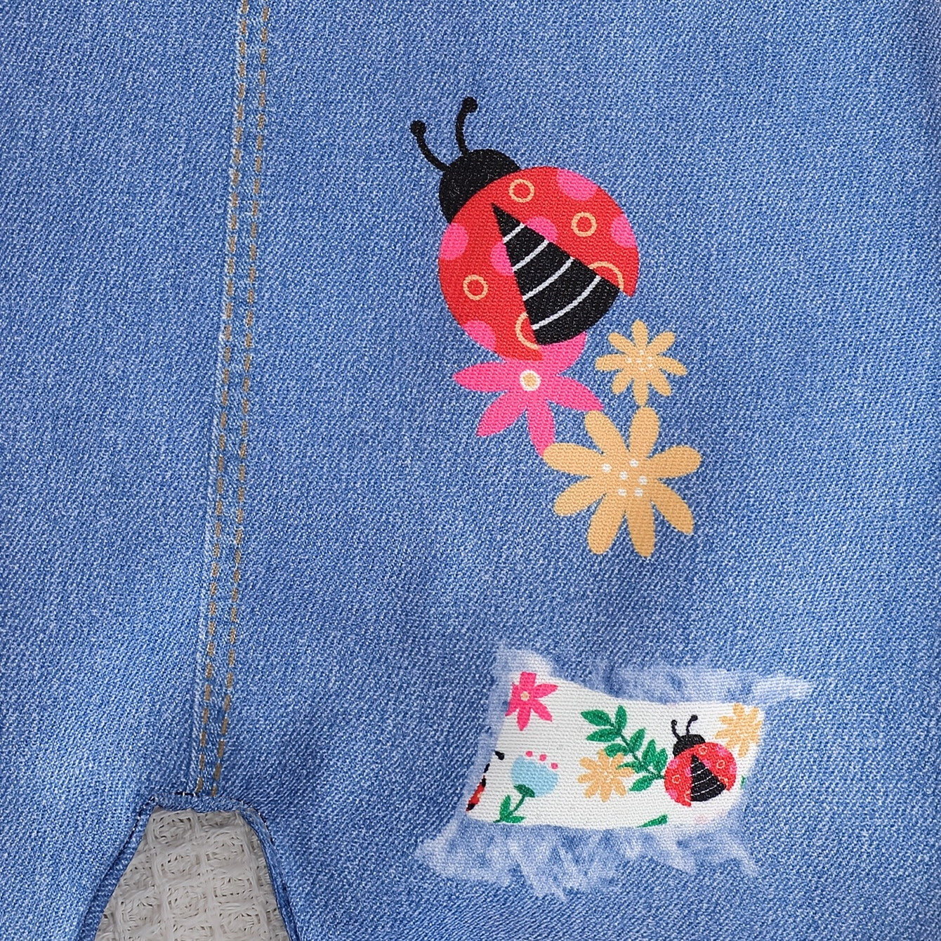 2PCS Cute Ladybug Floral Print Denim Baby Overalls Set