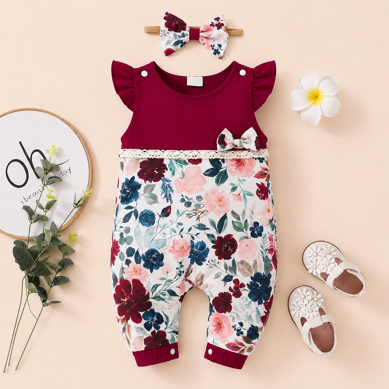 2PCS Chic Floral Print Flounce Sleeve Baby Jumpsuit