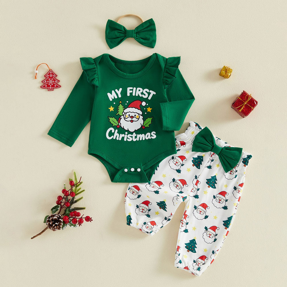 3PCS Sweet My First Christmas Letter Santa Claus Printed Baby Set