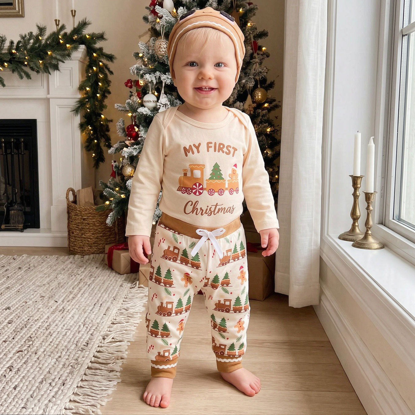 3PCS My First Christmas Letter Gingerbread Printed Long Sleeve Baby Set
