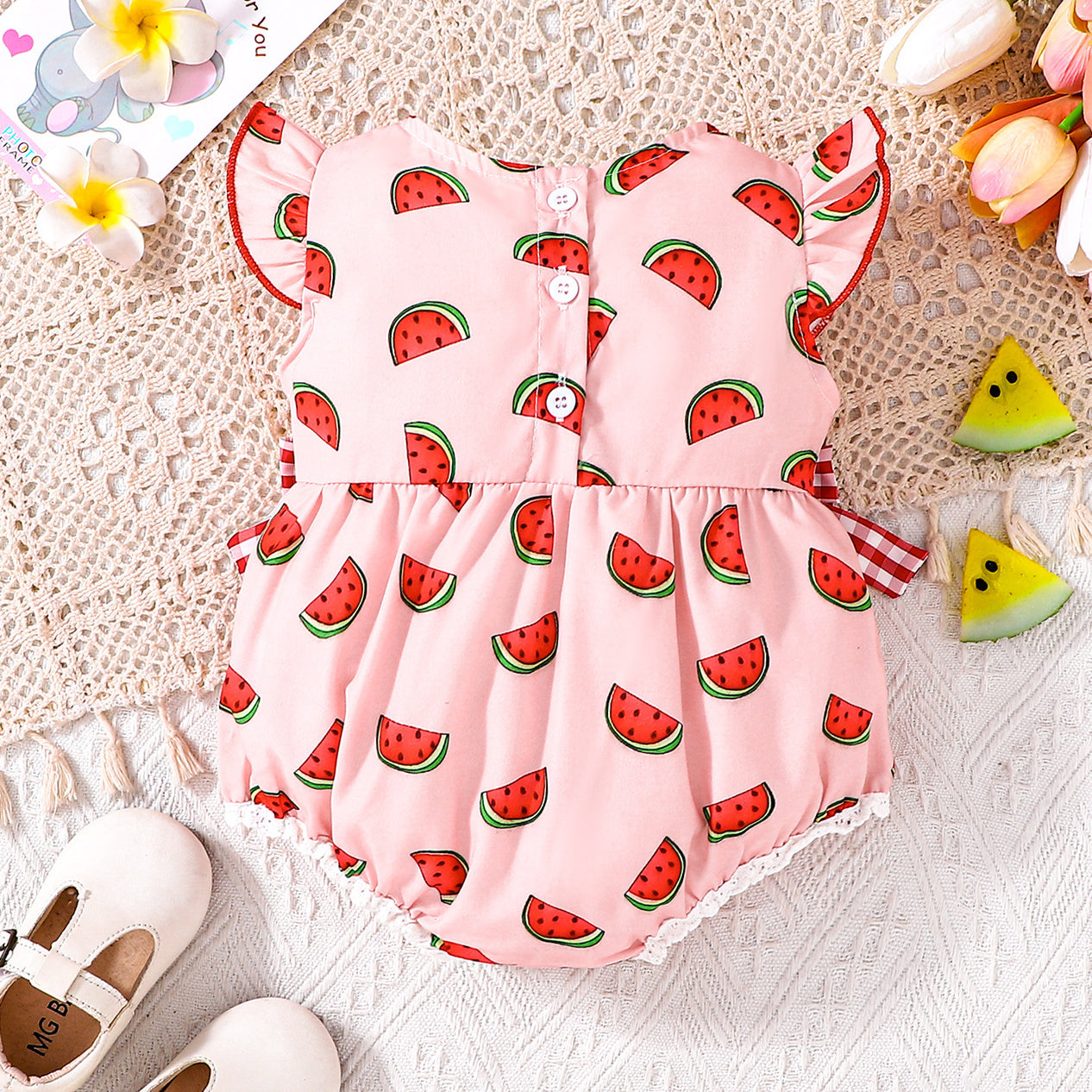 Cute Watermelon Print Bow Flutter Sleeve Baby Romper
