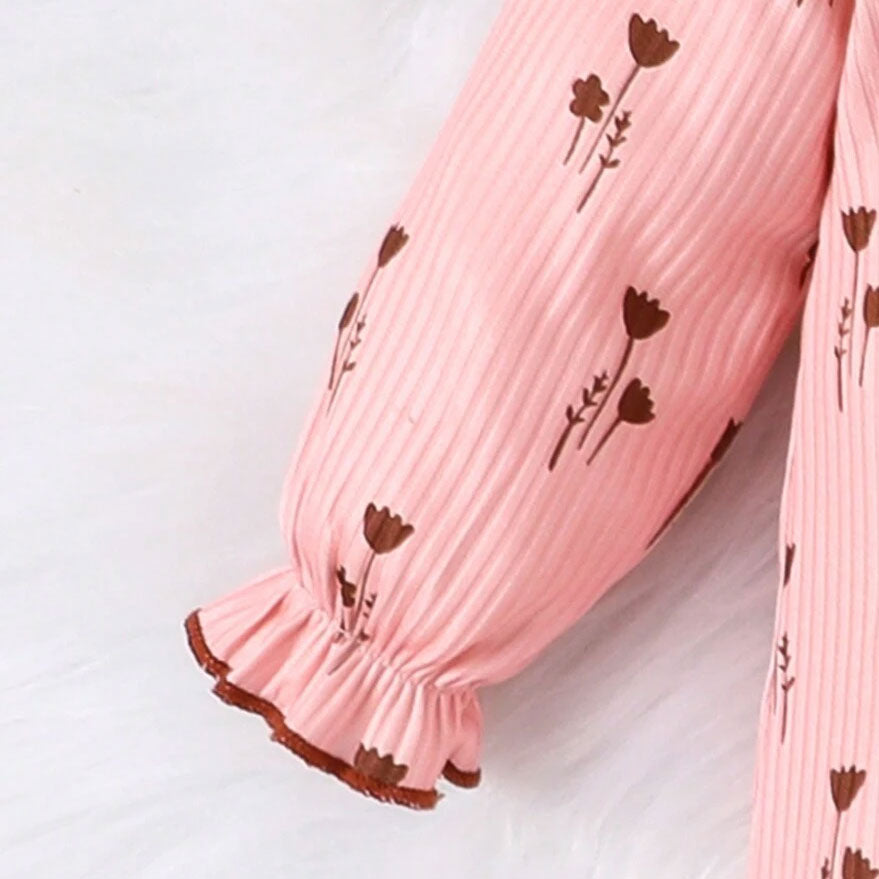 2PCS Romantic Floral Printed Ruffle Long Sleeve Baby Girl Jumpsuit