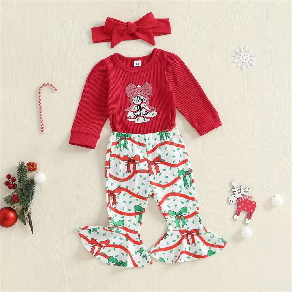 3PCS Christmas Tree and Bow Print Long Sleeve Baby Set