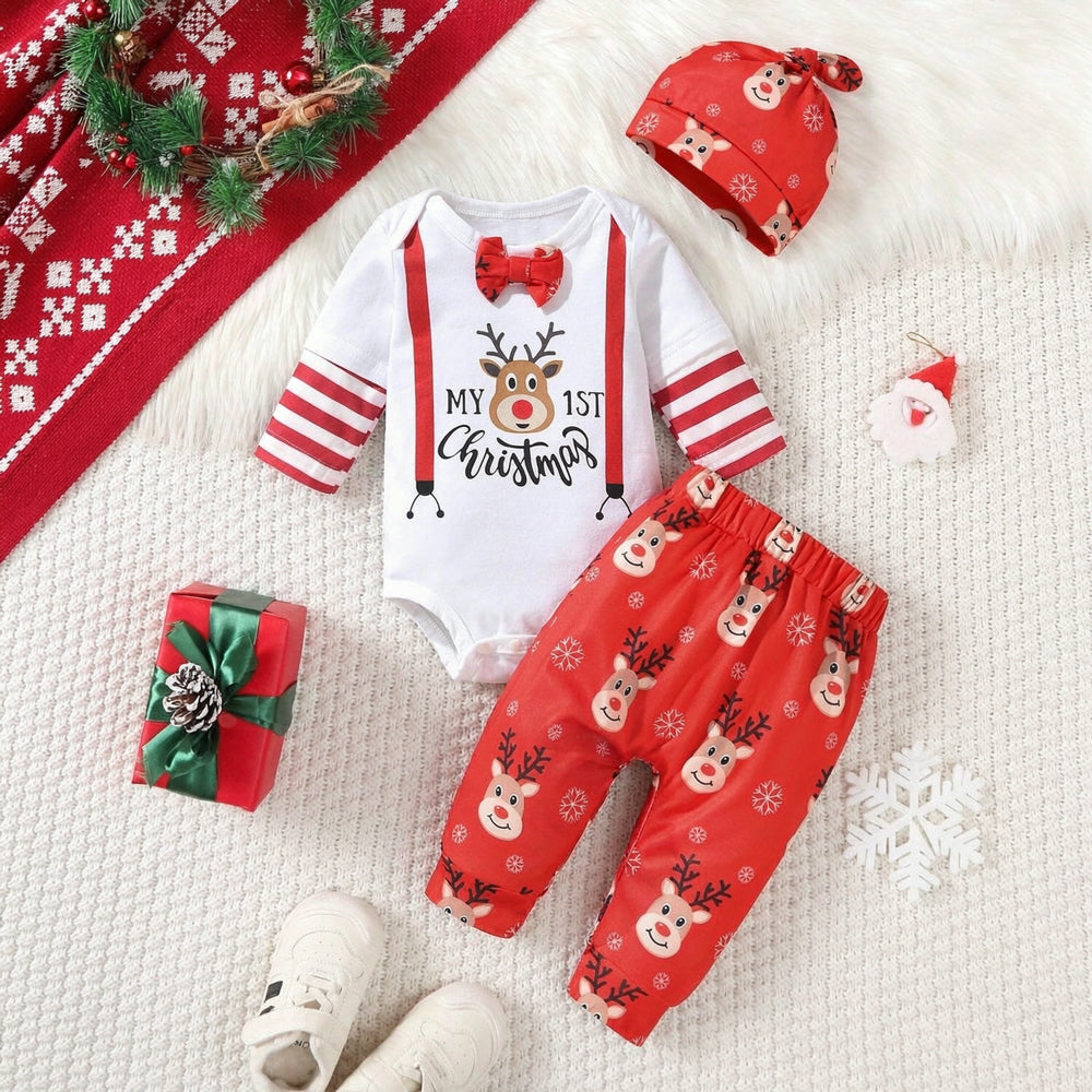 3PCS My 1st Christmas Letter Wapiti Print Baby Boy Set