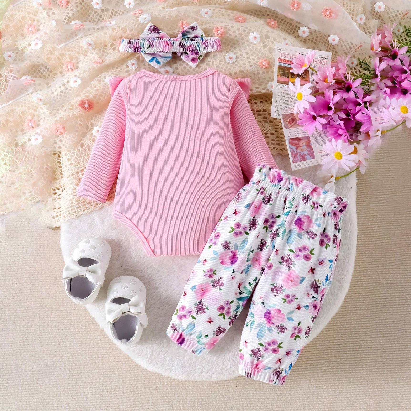 3PCS Pretty Watercolor Floral Printed Bow Decoration Long sleeve Baby Set