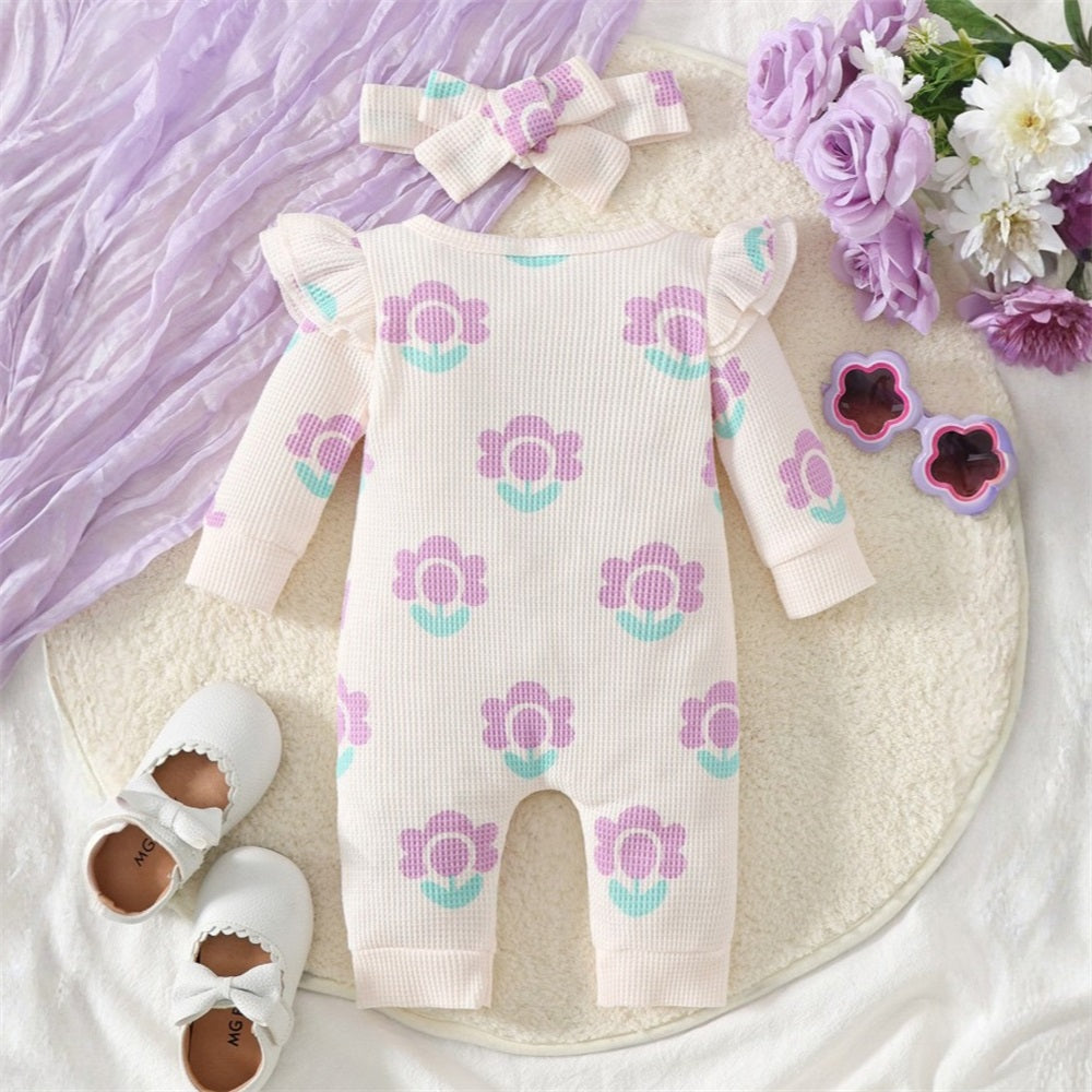 2PCS Cute Floral Print Long Sleeve Baby Jumpsuit