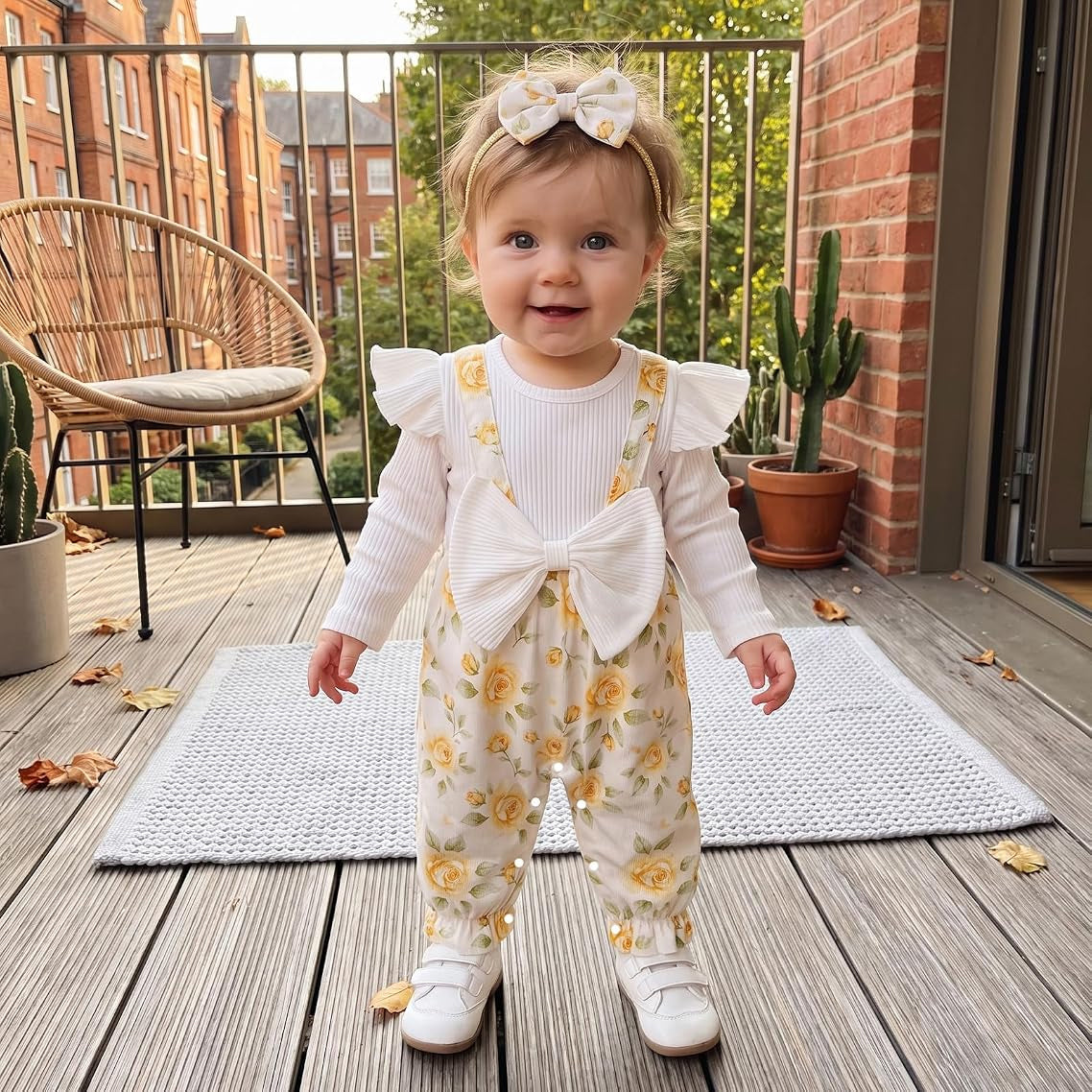 2PCS Cute Baby Girl Floral Printed Faux Two Piece Long Sleeve Jumpsuit