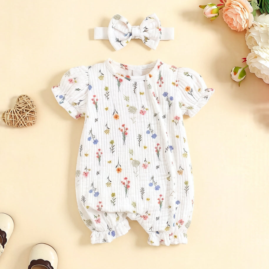 2PCS Exquisite Floral Print Short Sleeve Baby Jumpsuit