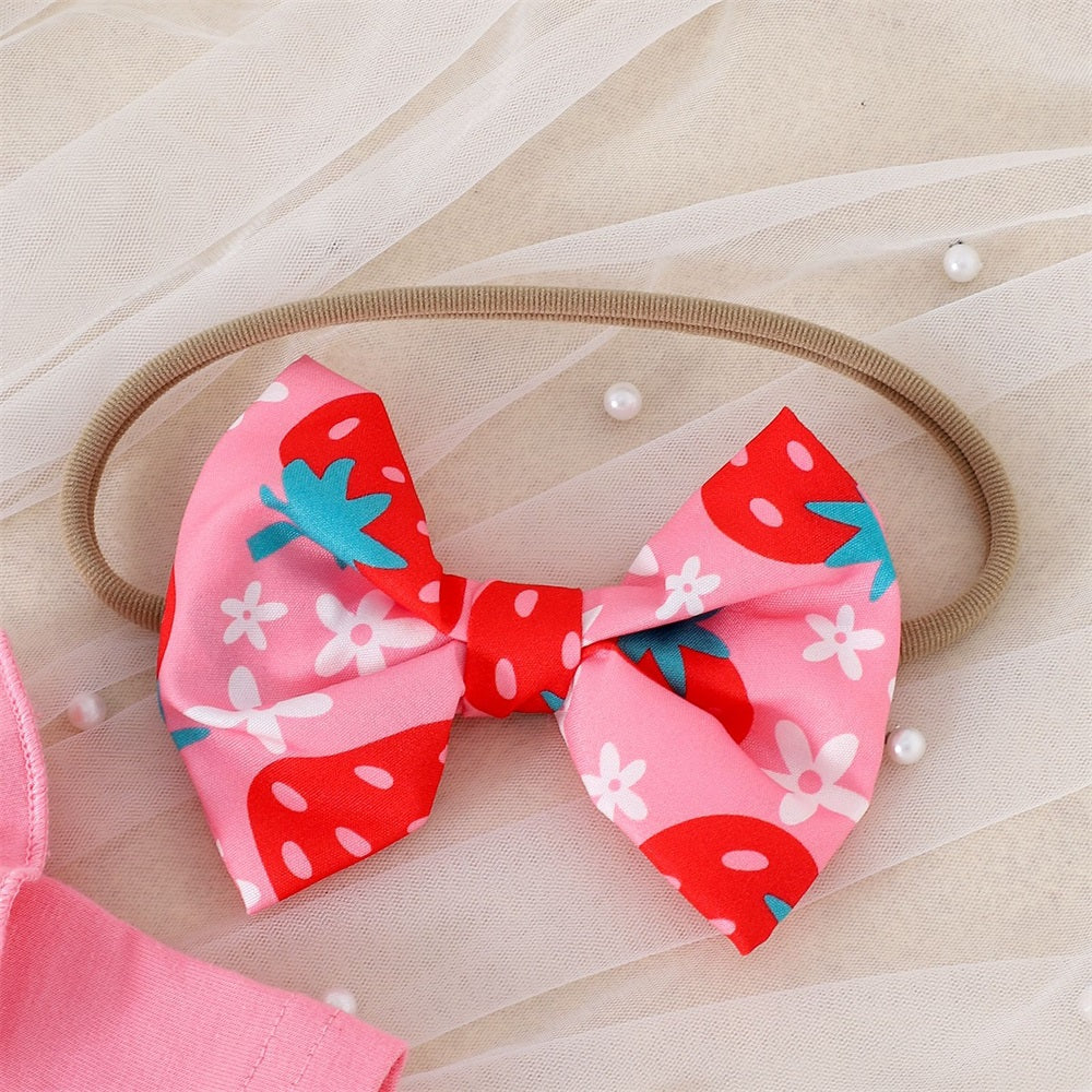 4PCS Sweet One Letter Strawberry Print Short Sleeve Baby Set
