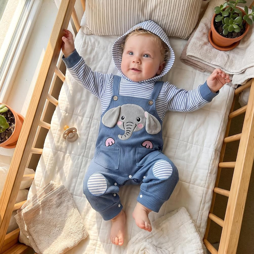 Faux Two Piece Elephant Stripe Print Long Sleeve Baby Hoodie Jumpsuit