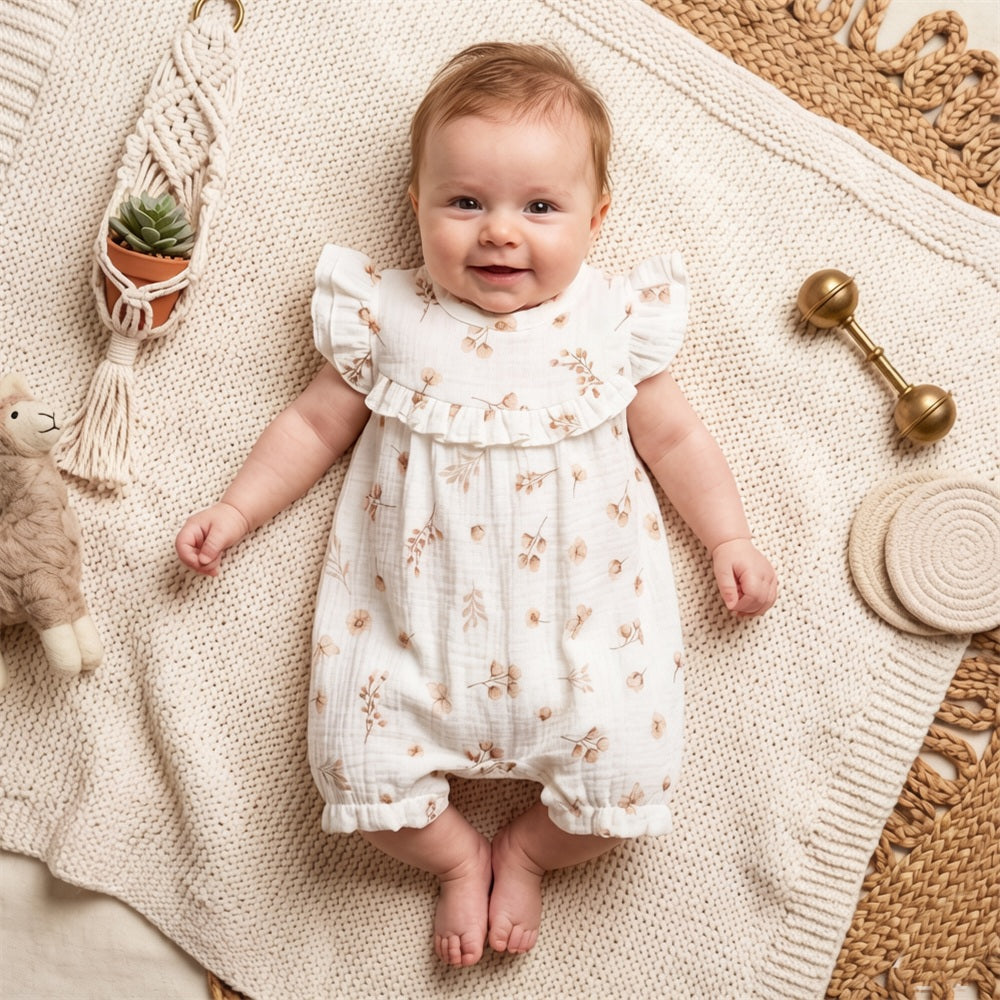 Cheerful Floral Print Flutter Sleeve Baby Girl Jumpsuit