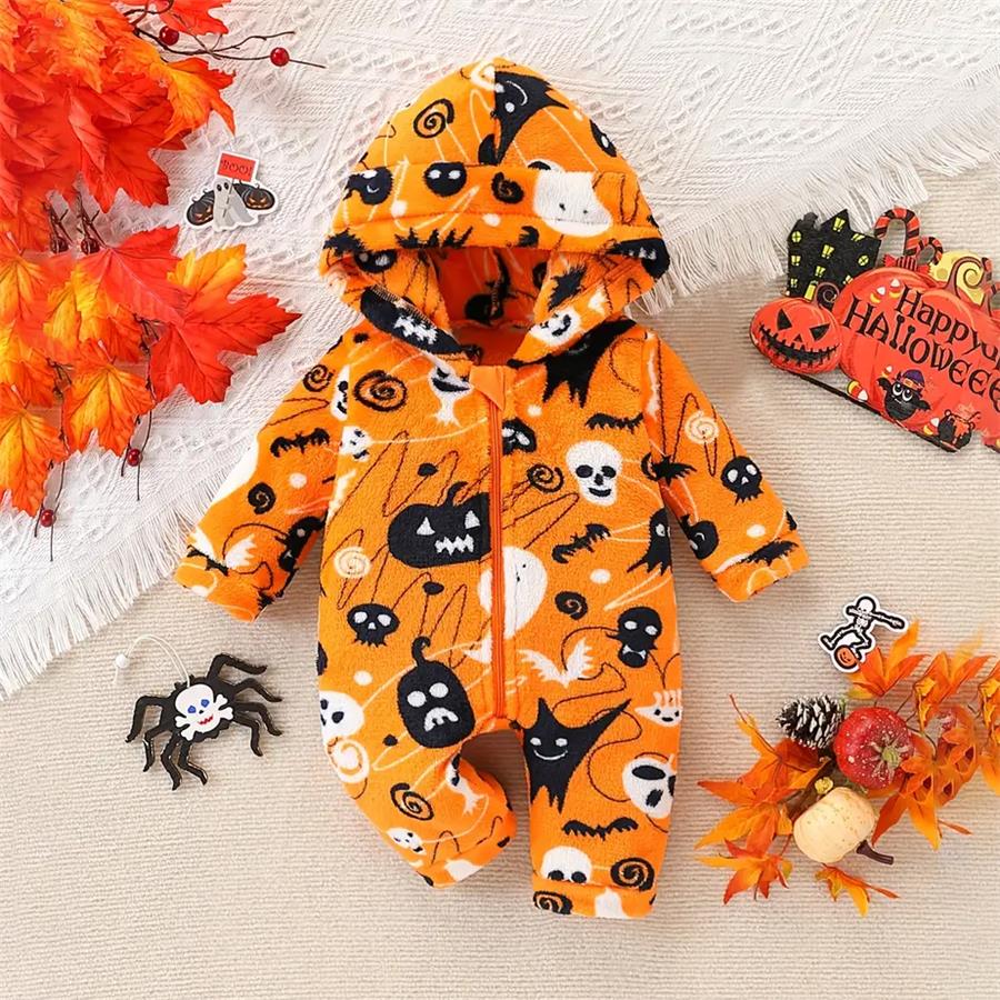 Halloween Pumpkin Print Thickened Plush Hooded Long Sleeve Baby Jumpsuit
